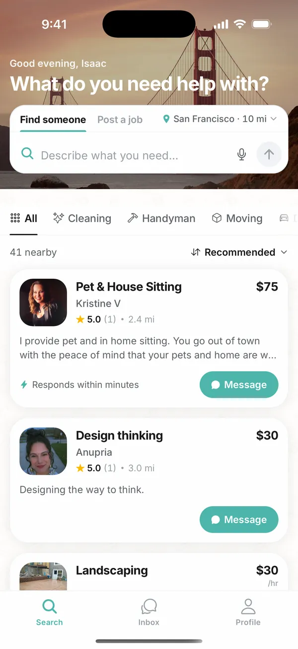 Gig home screen asking &ldquo;What do you need help with?&rdquo; above nearby providers with their ratings, distance, and prices.