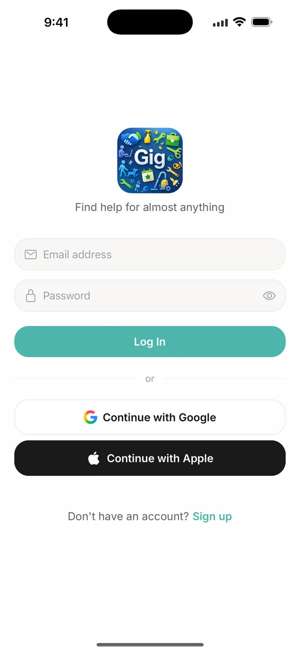 Gig login screen with the tagline &ldquo;Find help for almost anything&rdquo;, email sign-in, and Google and Apple sign-in.