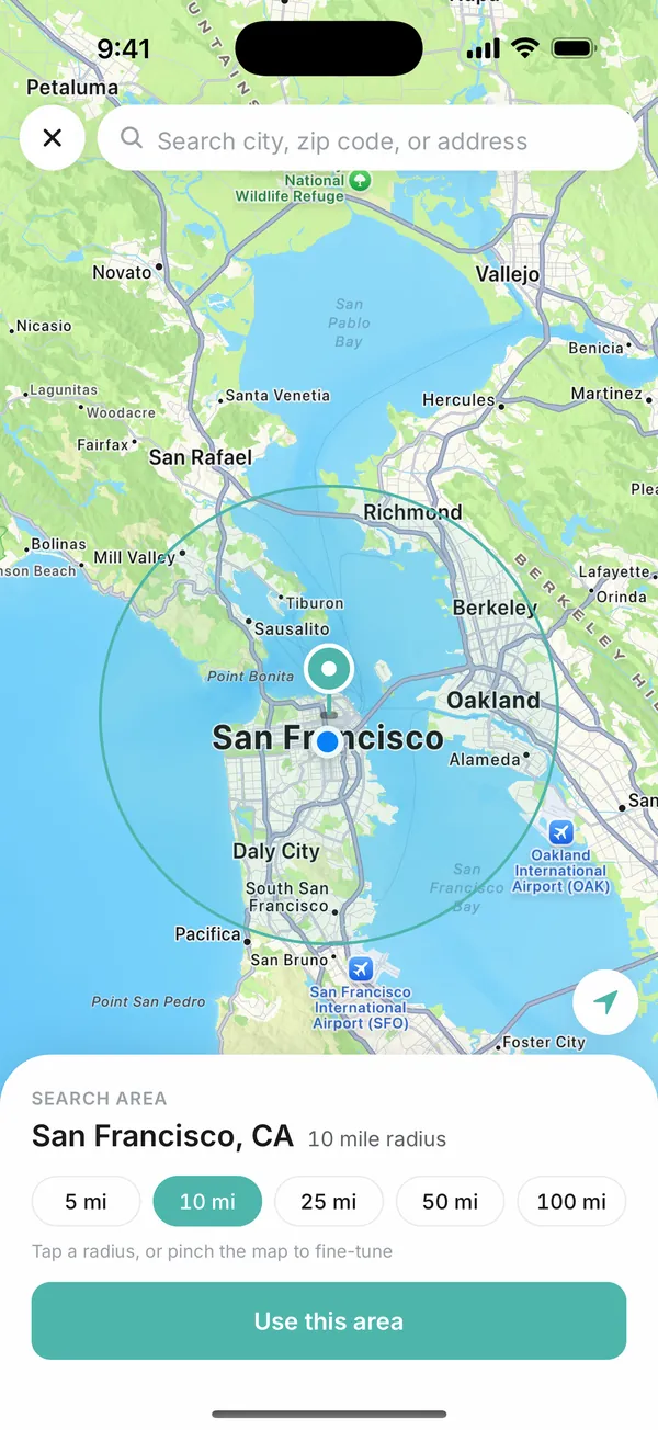 Search-area map centred on San Francisco with a 10-mile radius selected.