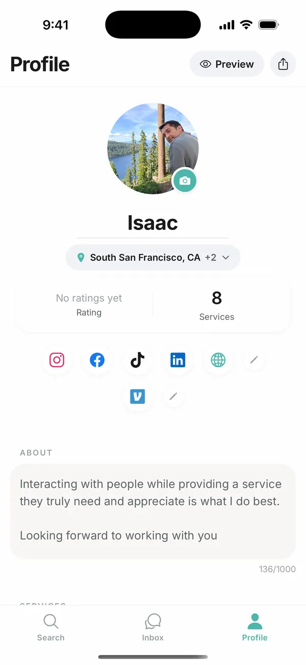 Your own Gig profile — location, 8 services listed, and links to Instagram, Facebook, TikTok, LinkedIn, and a website.