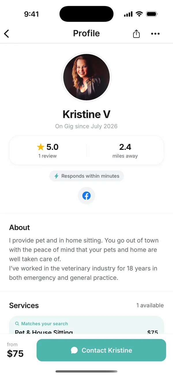 A provider&rsquo;s Gig profile — 5.0 rating, 2.4 miles away, responds within minutes, with a Contact button.