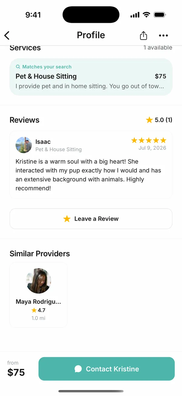 Reviews on a Gig profile — a five-star rating and a written review from a past customer, with a Leave a Review button.