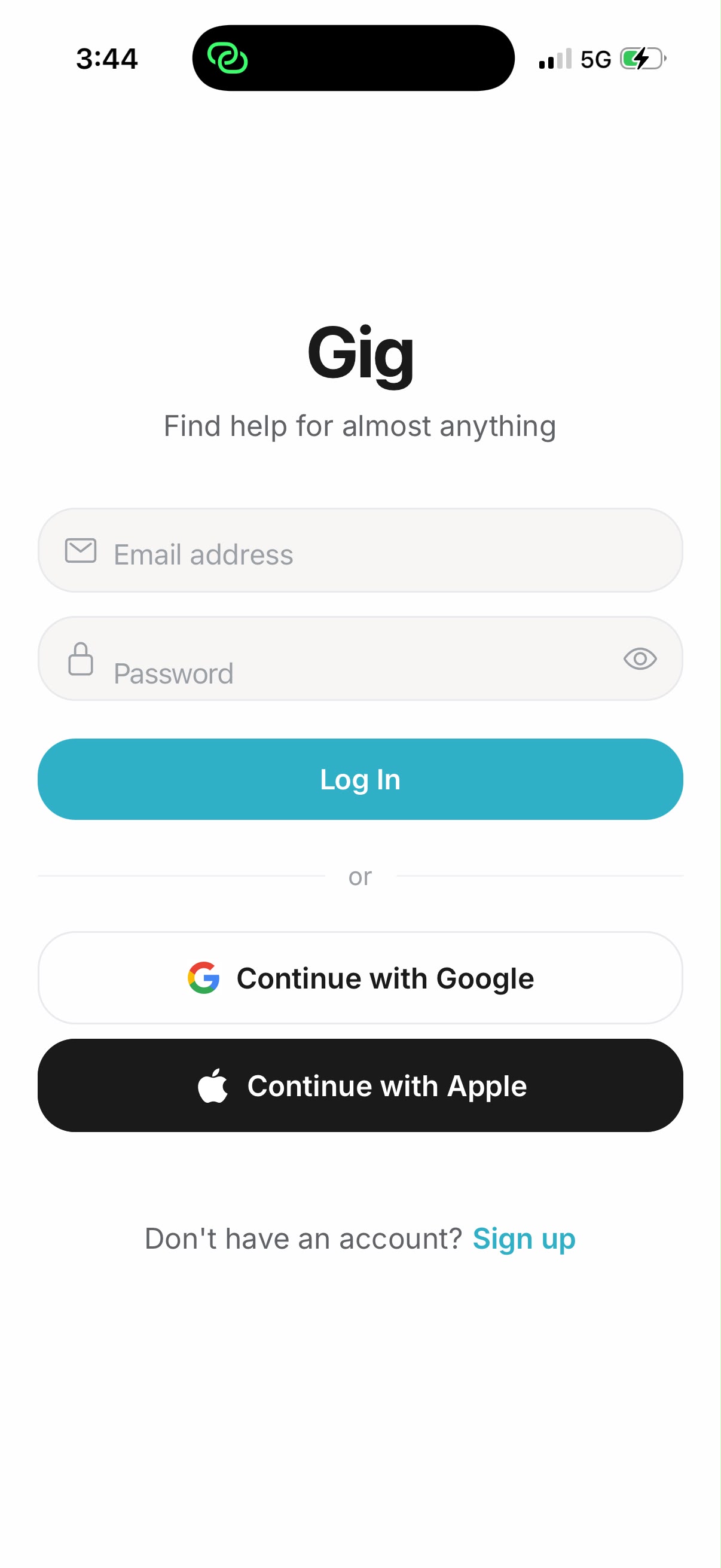 Gig login screen with the tagline 'Find help for almost anything', plus Google and Apple sign-in.