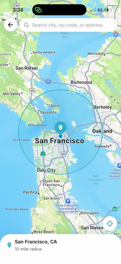Search-radius map centred on San Francisco with a 10-mile range.