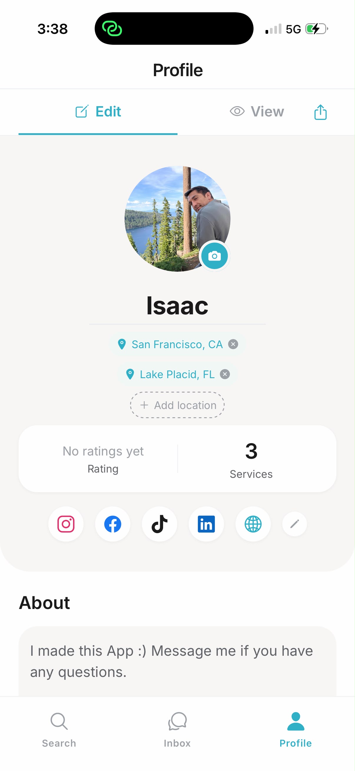 A unified Gig profile with locations, services count, and links.