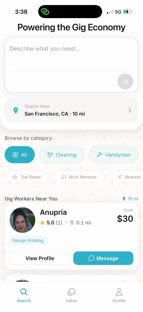 Gig search — a plain-language request over nearby providers ranked by rating and distance.