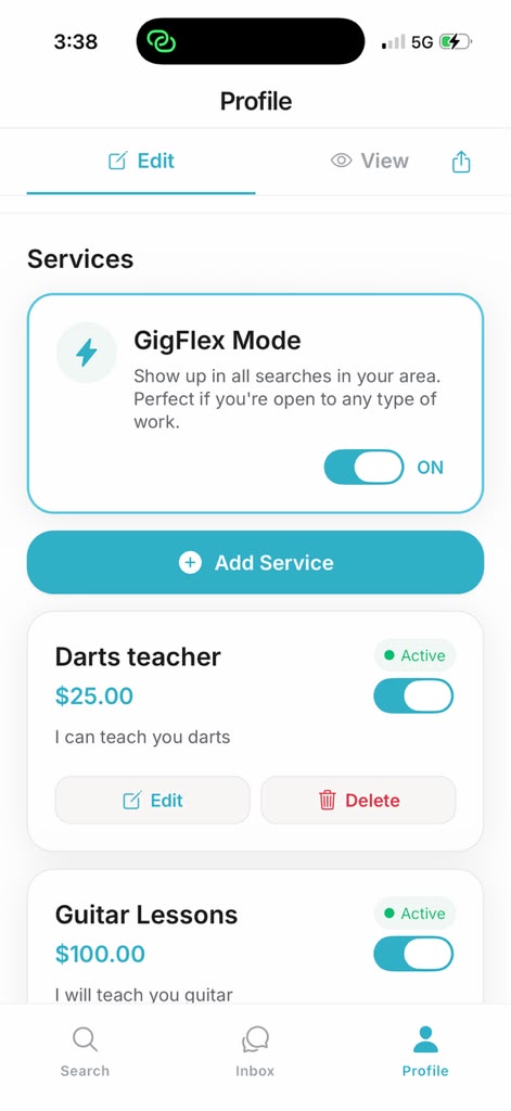 Service management — per-service on/off toggles.