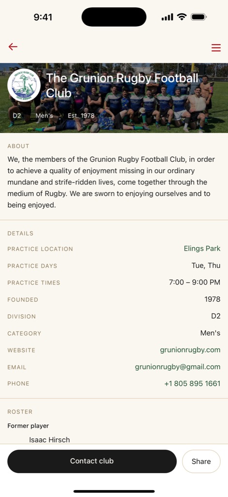 A club profile in RFC Finder — team photo, crest, division and founding year, an about section, and details including practice ground, practice days and times, website, email and phone.