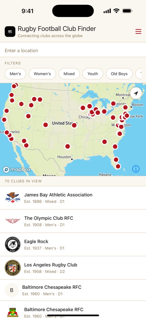 RFC Finder home screen — a location box, category filters, a map of the United States covered in club pins, and a list reading '70 clubs in view'.